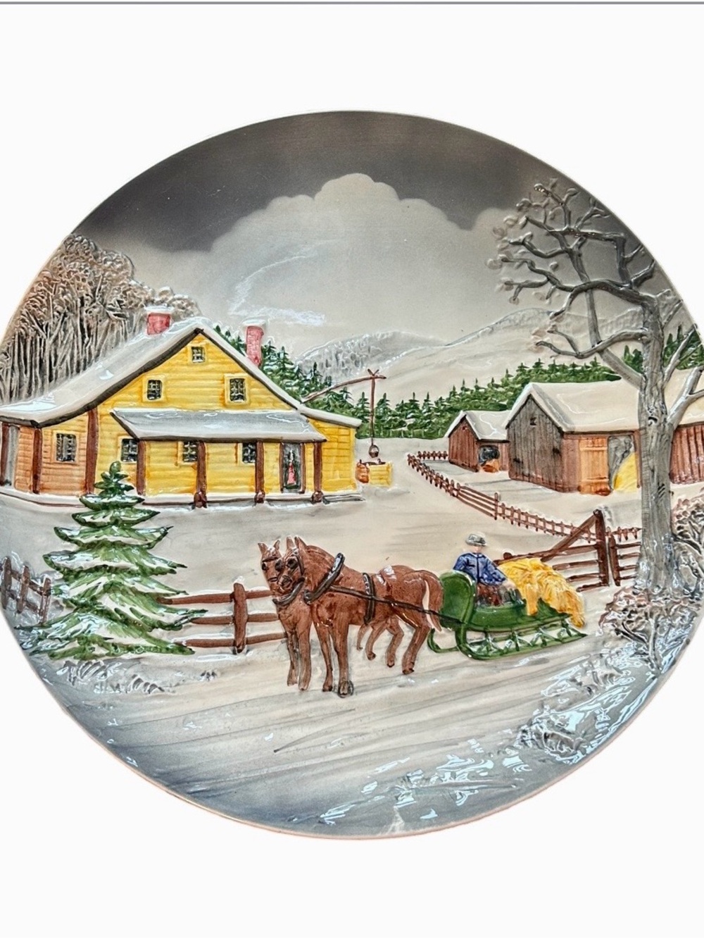 Vintage Mid Century Holiday/Winter Hand Painted Raised Relief Plate